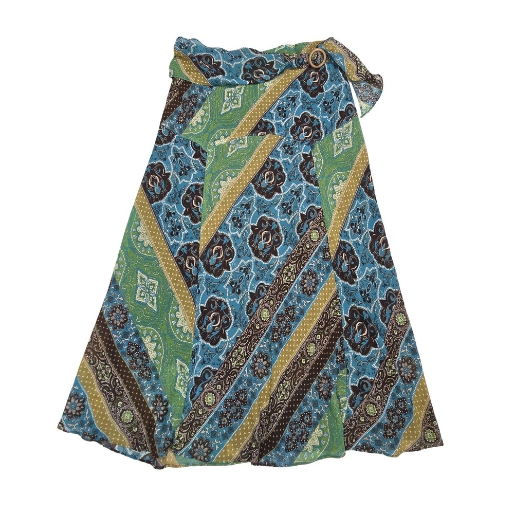 R.Q.T. Fairycore Boho Blue Green Paisley Print Midi Skirt O-Ring Ribbon Belt